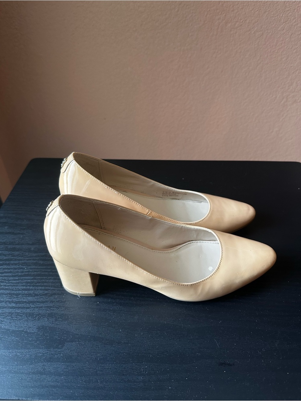 Cole Haan Beige Patent Low Block Heel Pumps